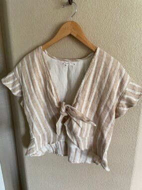 Tularosa  Cream and Beige Striped Tie-Front Short Sleeve Top Size S